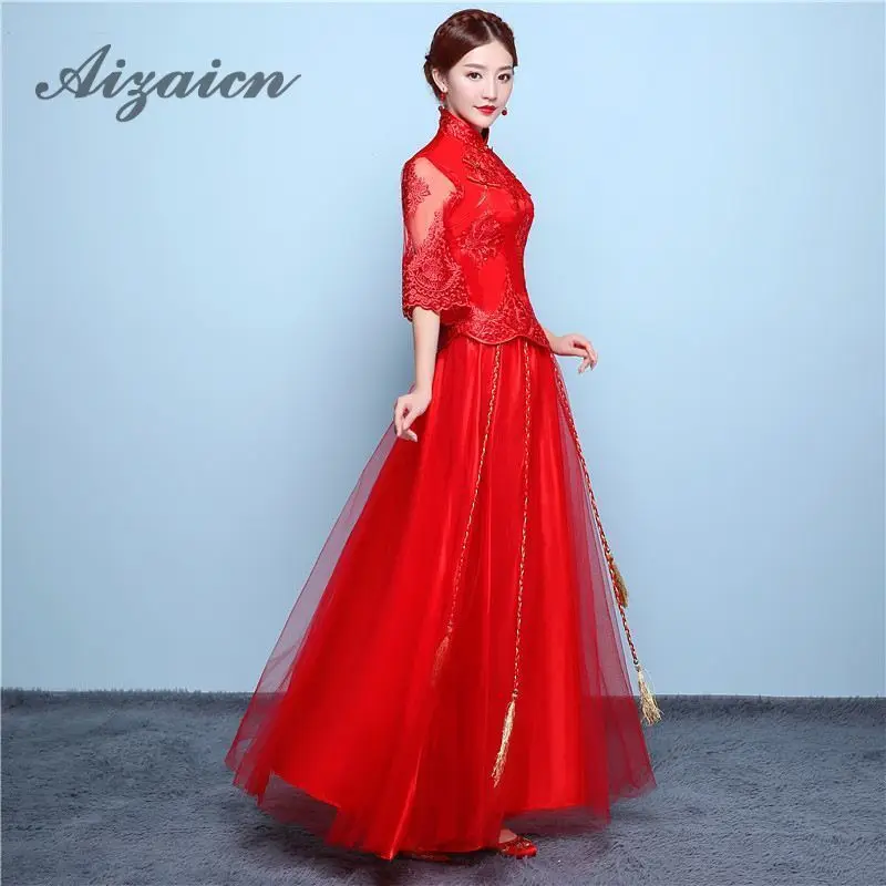 Современная вышивка невесты Cheongsam Красная цена длинные платья Qi Pao женское традиционное китайское свадебное платье Qipao Женская Роба в