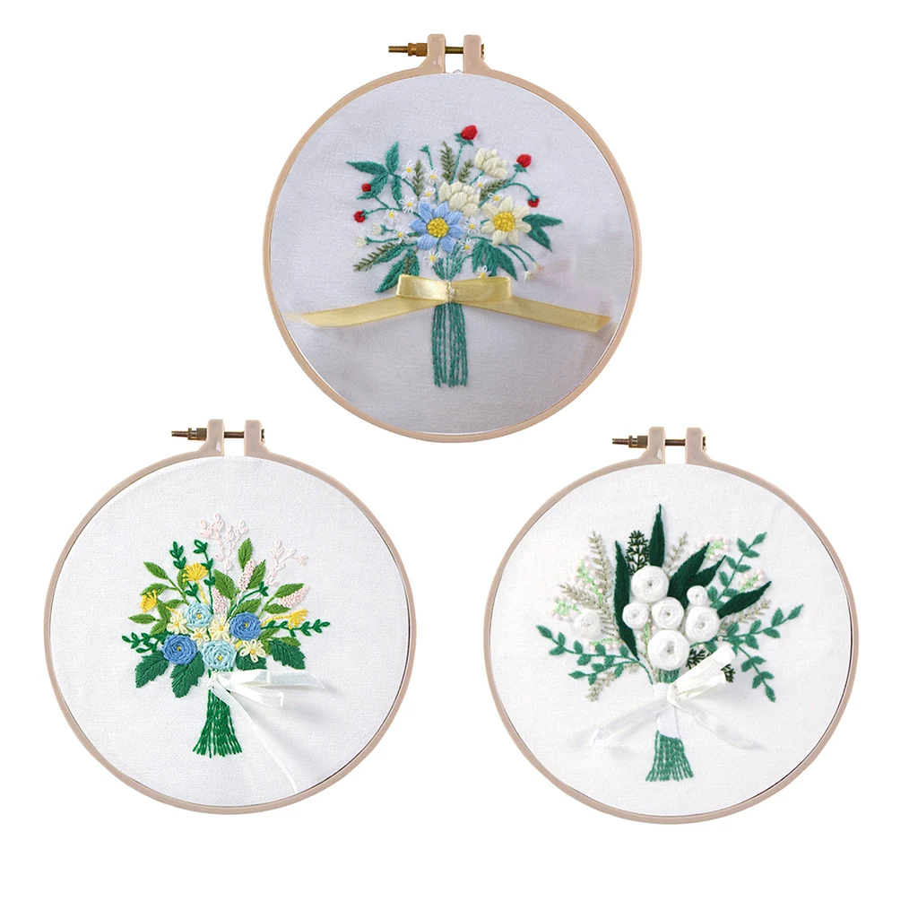 DIY Ribbon Flowers Embroidery Set with Frame Needlework Kits Cross Stitch 