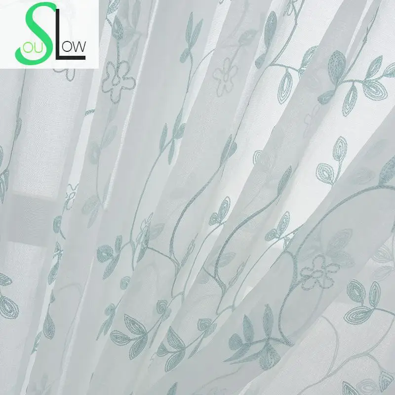 

Slow Soul Garden Korean Fresh Bedroom Blue Embroidered Leaves Curtain Pastoral Floral Curtains Cortina For Living Room Kitchen