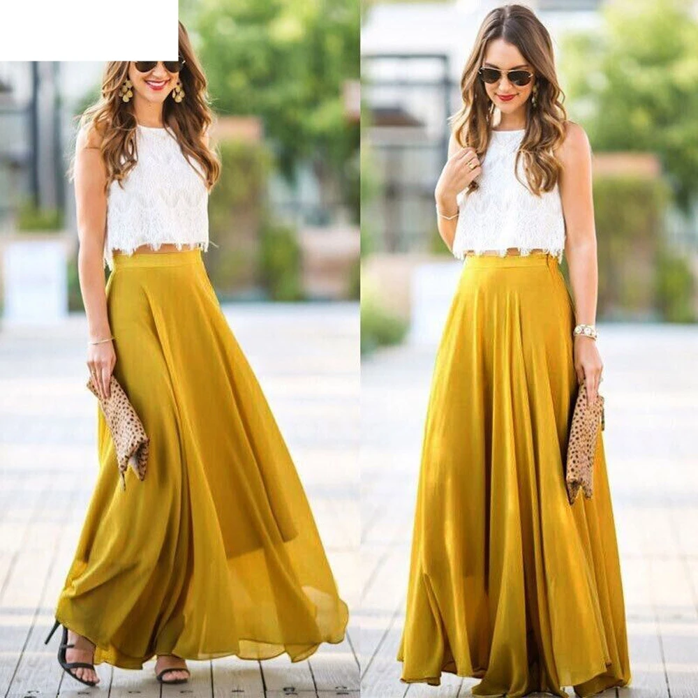 

JAYCOSIN 2018 Womens Fashion Skirt Women Chiffon Stretch High Waist Maxi Dress Skater Flared Pleated Long Skirt 18OCT29