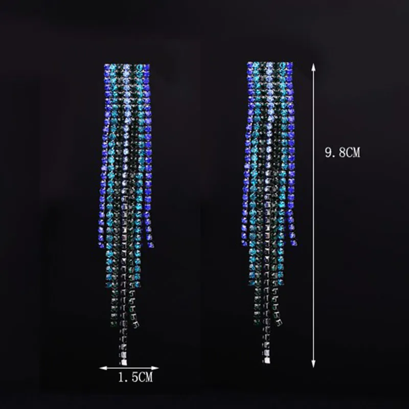 10 цветов, висячие серьги с кисточкой, розовое золото, уникальный кристалл для невесты, 1 пара, стразы, квадратные длинные серебряные серьги-капли для невесты