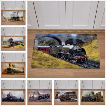 

Hand Drawn Vintage Train Print Carpet Home Decor Door Mat Kitchen Bathroom Non-slip Floor Mats 46*76cm PVC Leather Carpets Rugs