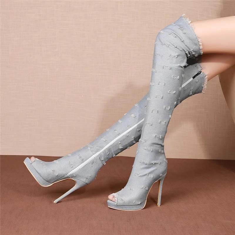 MoonMeek/модные сапоги выше колена размера плюс 34-46 женская обувь на очень высоком каблуке с открытым носком на молнии весенне-осенние сапоги женские