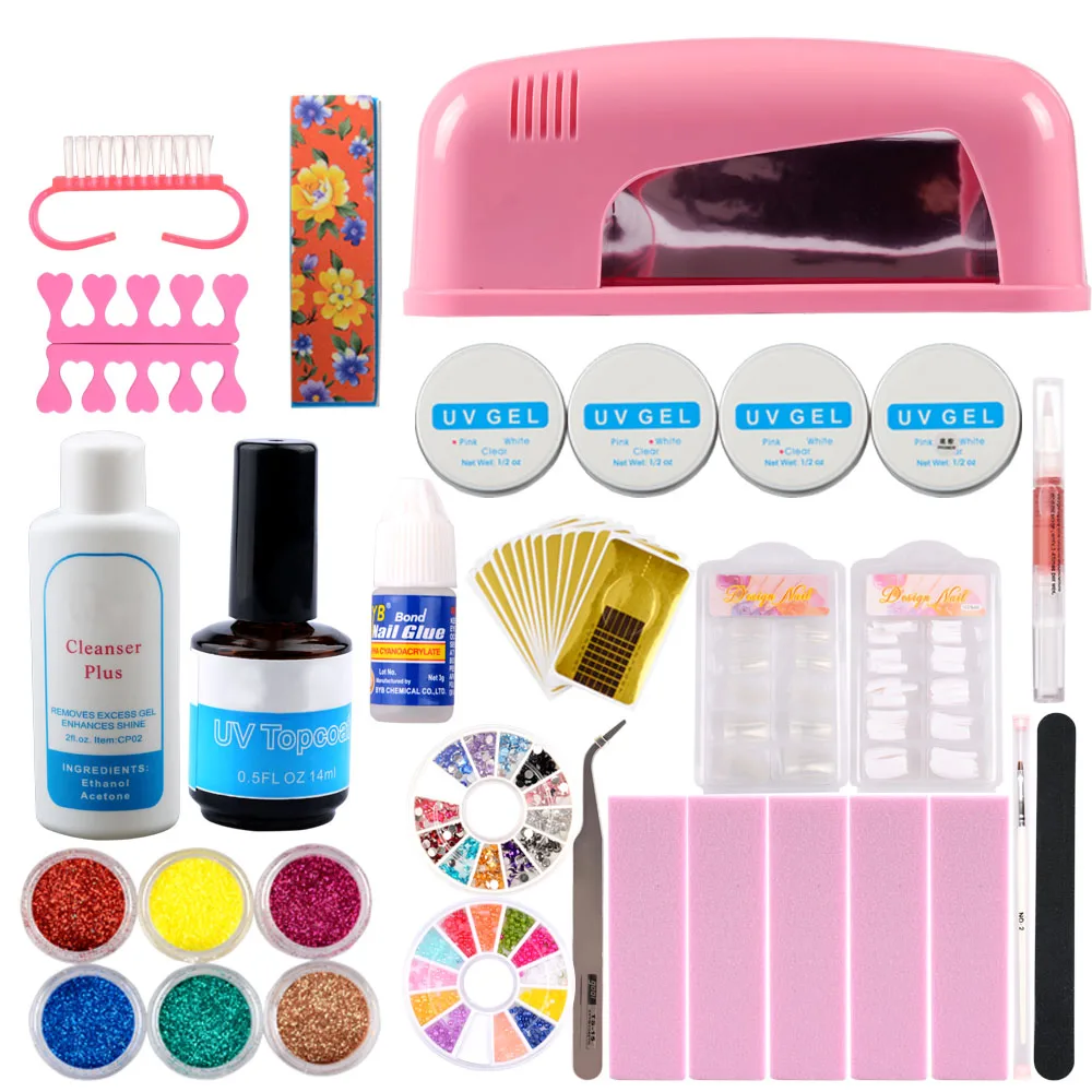 

Pro Manicure Set UV Gel Polish With 9W Lamp Dryer For Nail Art Buffing Block 6Color Glitter Deco Tools Set Nail Extension Kit