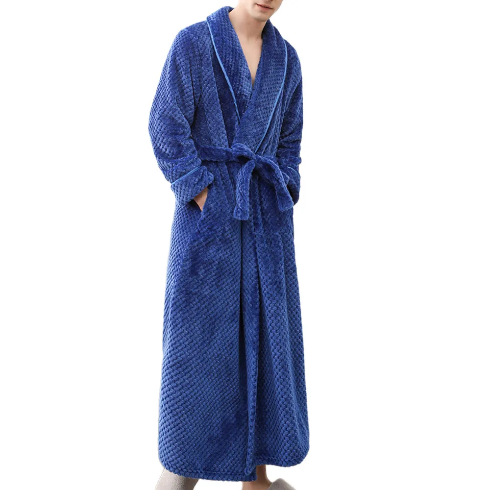 Длинный халат, одежда для дома, мужской халат, Мужская Фланелевая ночная рубашка, мужские теплые банные халаты - Цвет: Синий