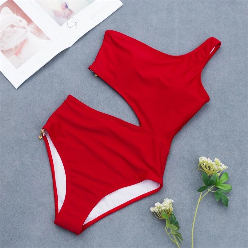 

Zipper Bandeau One Piece Swimsuit Push Up 2019 New Arrival Sexy Side Waist Hollow Out Swimwear Bathingsuit For Female Beachwear