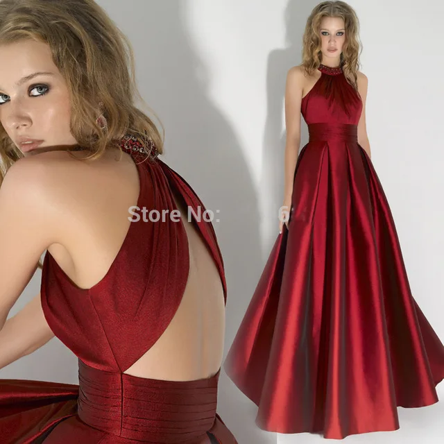 

2016 Dark Red High Neck A-Line Long Evening dresses Plus Size Beaded Sleeveless Backless Prom Gown Party Dress Vestido de noche