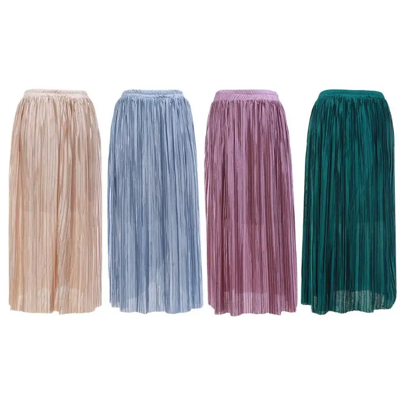 Новые модные женские туфли со складками юбка Высокая Талия Однотонная одежда до середины икры эластичные летние Повседневное длинная юбка для девочек женские