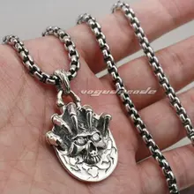 Твердый 925 пробы Серебряный Коготь Череп Мужская подвеска для байкеров Байкер ювелирные изделия 8C007(ожерелье 24 дюйма