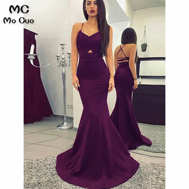 

2019 Grape Mermaid Evening Dresses Spaghetti Straps Pageant Prom Dress Elastic Satin Cocktail Party Gown Women Evening Dresses
