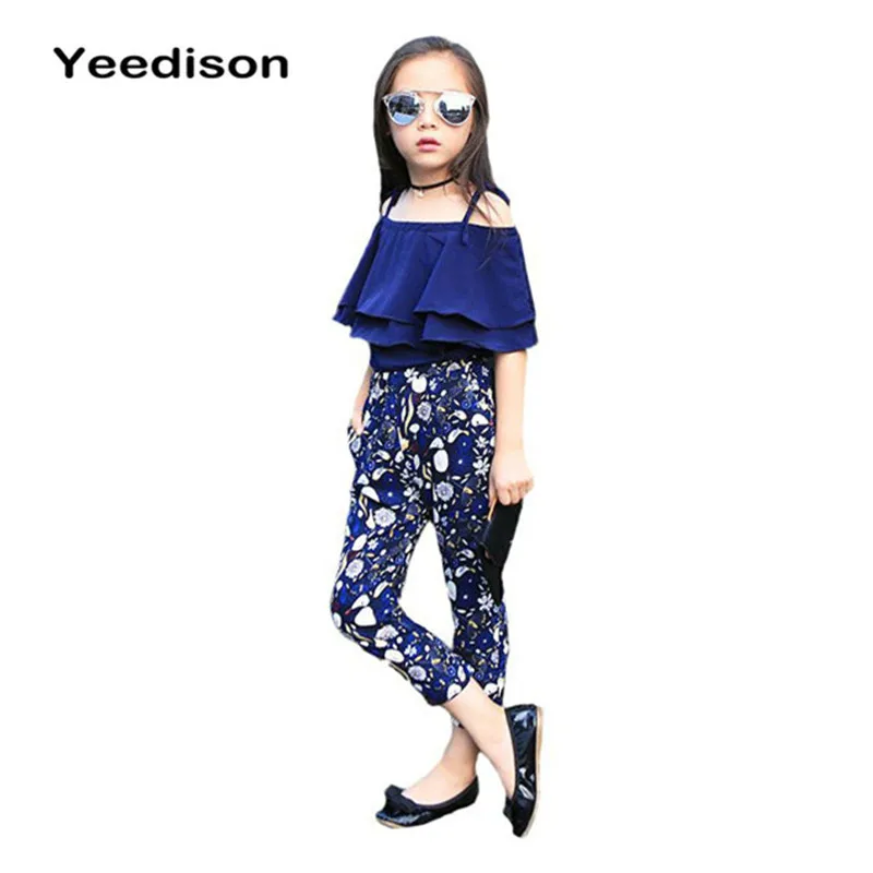 

2018 New Summer Kids Clothes Children Clothing Set Girls Summer Casual Clothes Set Short Off Shoulder Top Floral Pant