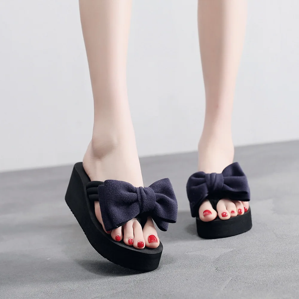 

Ladies Floral Design Platform Bow Tie Flip Flops Women Fashion Casual -Slip Casual Wedges Beach Flower Slippers