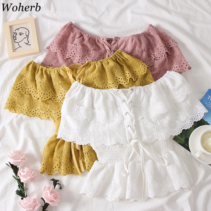 

Woherb Summer 2019 Modis Off Shoulder Tops Sexy Crop Blouse Women Elegant Hollow Out Lace Blusas Ladies Sweet Bandage Shirt