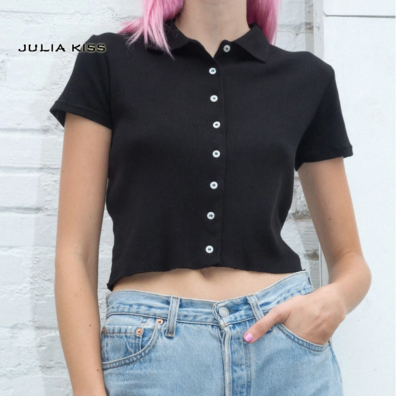 Women Short Sleeve Collared Button Up 