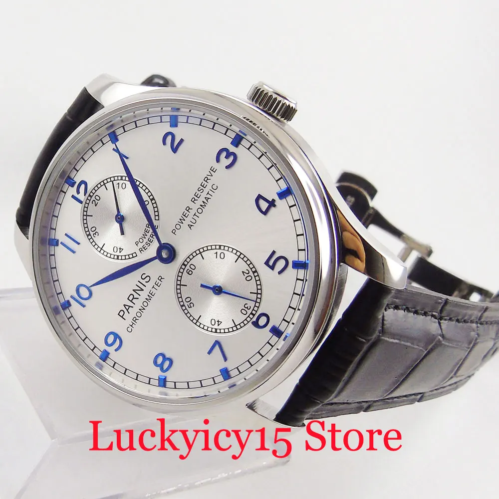 

PARNIS 43mm Silver Dial Polished Case Self Winding Men's Watch With Deployment Clasp Power Reserve