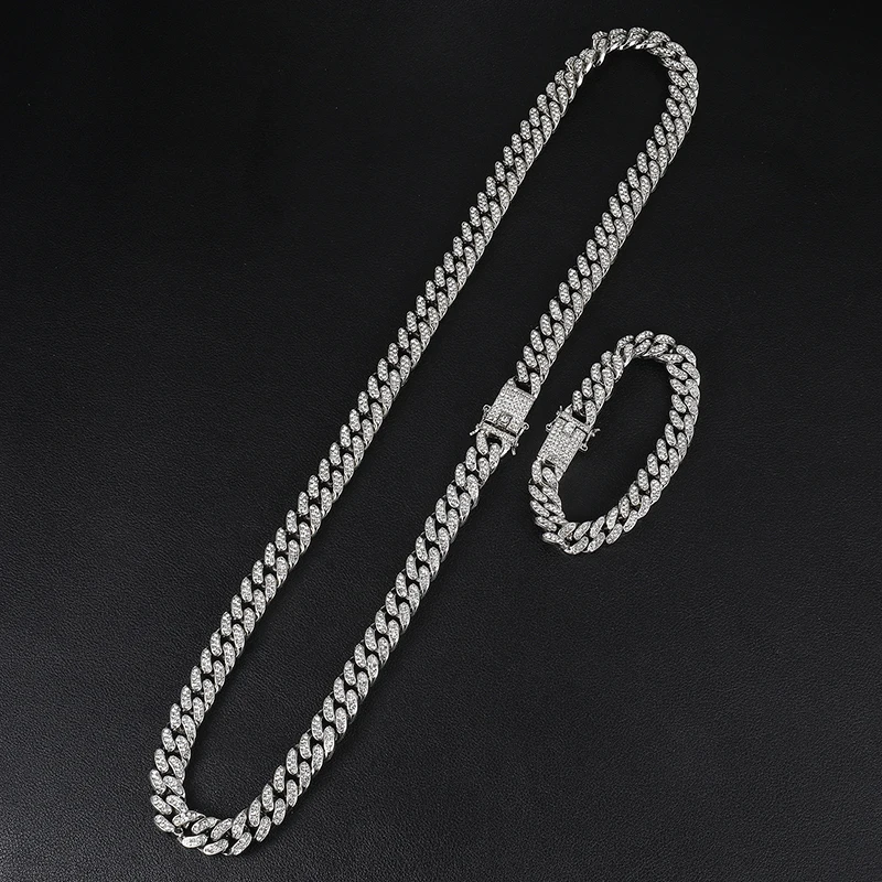  D&Z Hip Hop 13mm Cuban Link Chain For Men Iced Out Bling Rhinestone Chaine Homme Fashion Jewelry Wh