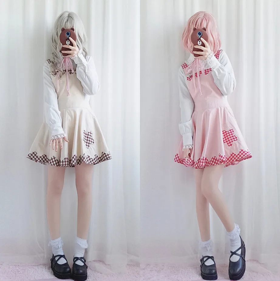 

2018 spring new Japanese college style cute girl soft sister lace plaid student strap Lolita dress female