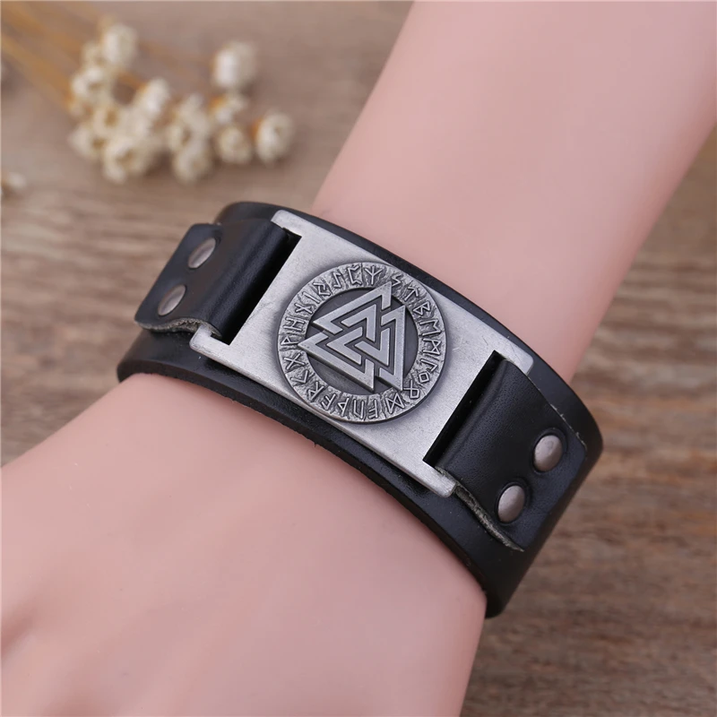 Skyrim панк Valknut скандинавский кожаный браслет с руны викингов Тотем металлические