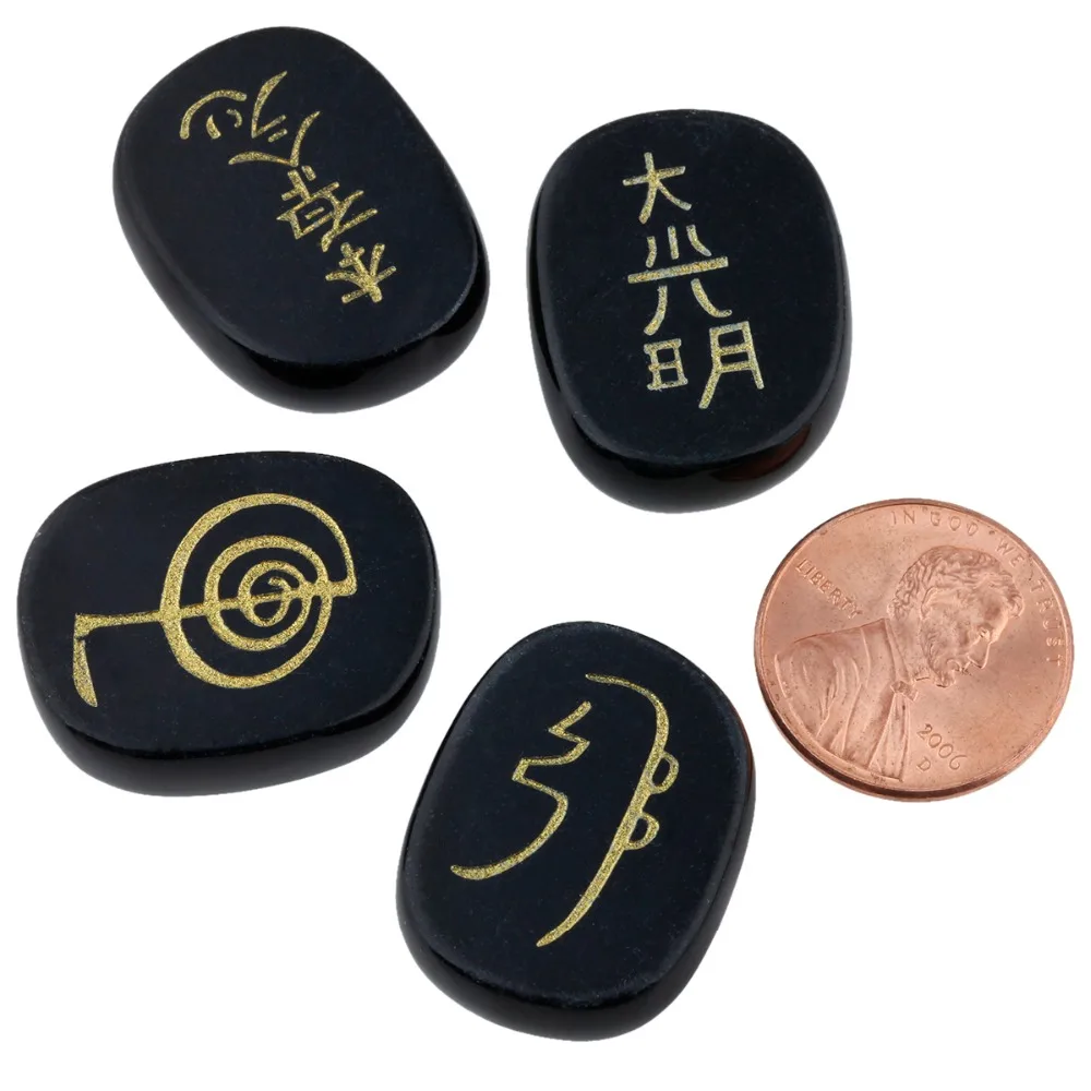 SUNYIK 4Pc/Set Healing Crystal Engraved Usui Reiki Symbols Palm Stone Chakra Balancing Meditation Jewelry Packaging