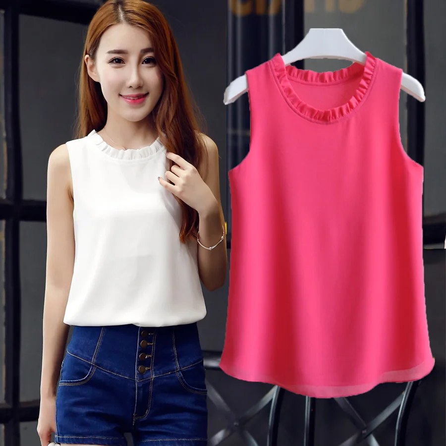 

2018 The New Women's Solid Color Sleeveless Loose Thin Chiffon Vest Tops Female Tank Tops White Black Rose Plus Size Xxl