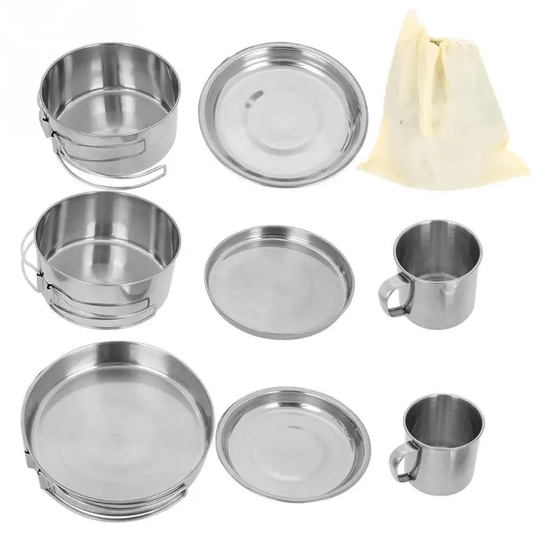 8Pcs/set Stainless Steel BBQ Cooker Camping Cookware Cooking Outdoor