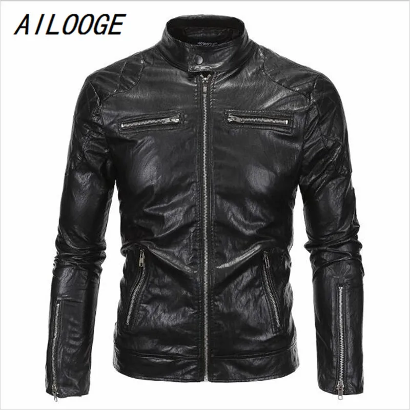 AILOOGE 2017 New Arrival Blazer Men PU Faux Leather Slim Coat Brand