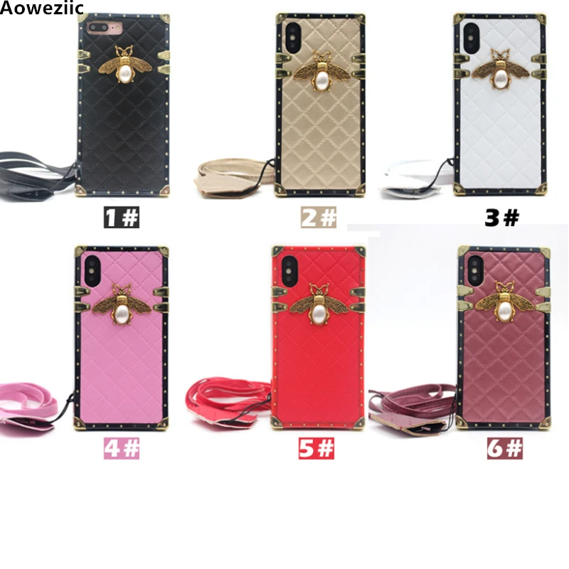 

Aoweziic Trend Rhombic sheepskin Cases For iphone 6s 8 7 Plus TPU+PU Metals Bees Soft Back Cover For X XS MAX XR Case women