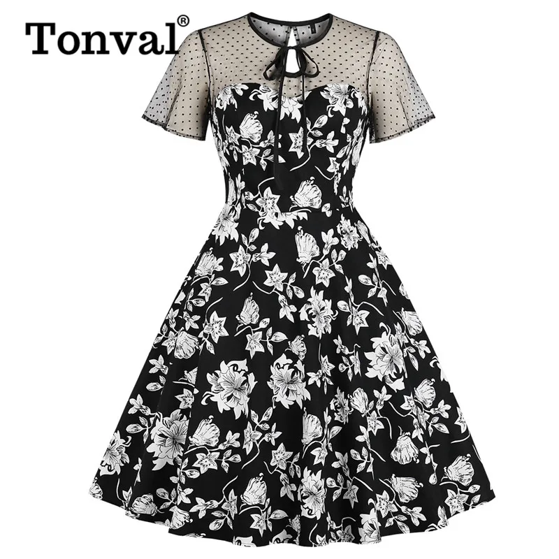 

Tonval Women Tie Neck Elegant Party Floral Dress Mesh Short Sleeve Sweetheart Summer Dress Vintage Rockabilly Black Dress