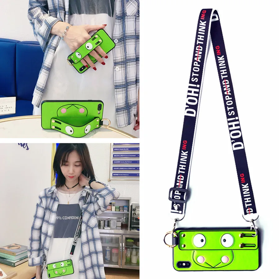 

3d frog shoulder strap silicon case for iphone 6 6s 7 8 plus x xr xs max case cover cartoon wristband holder protective phone ba