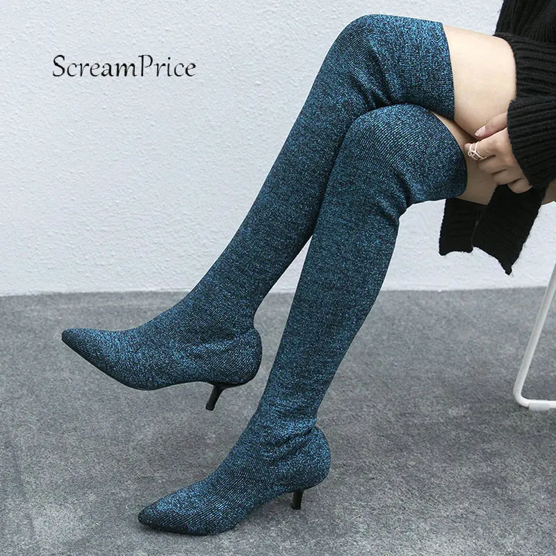 

Women High Quality Knitting Thin Heel Over the Knee Boots Fashion Slip On Pointed Toe Spring Autumn Stretch Thigh Boots Gray