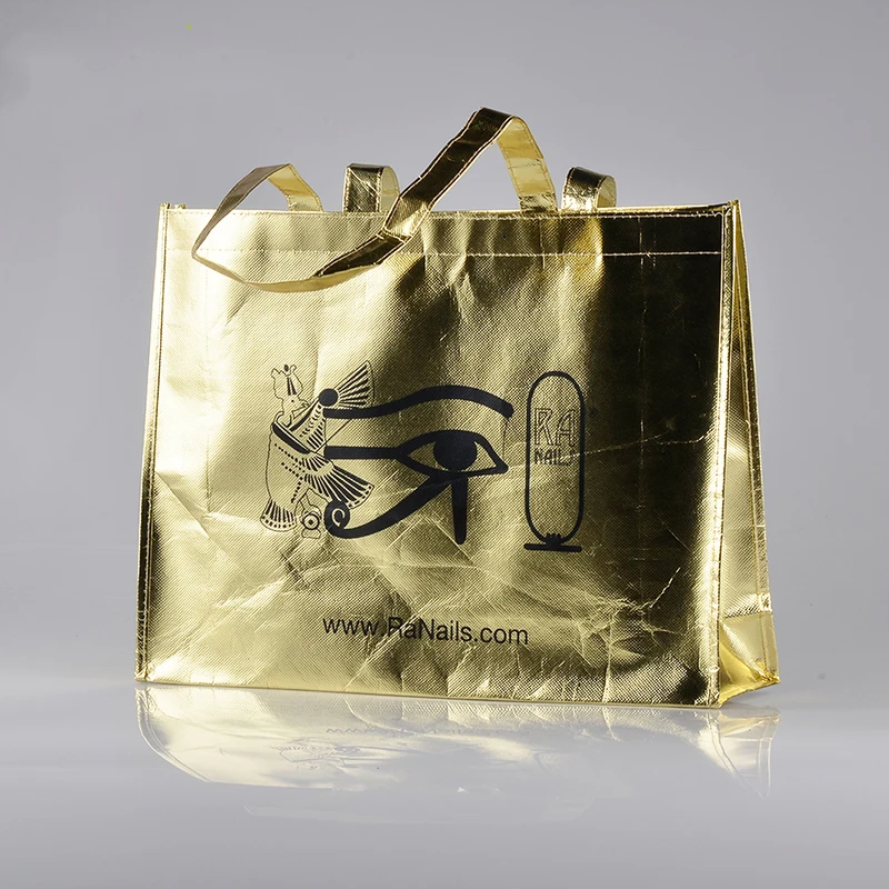 

Wholesale 500pcs/lot custom printed logo promotional gold laser non woven shopping bags reusable foldable tote bags