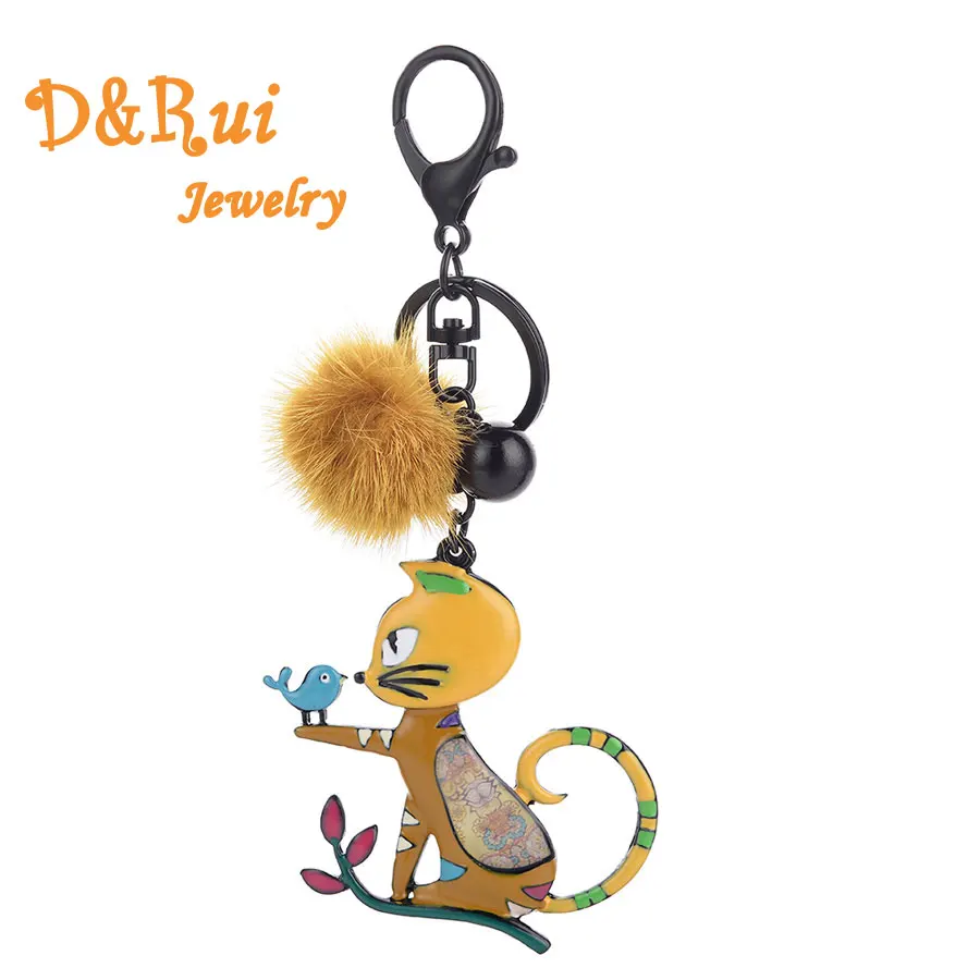 

Charms Cat And Bird Keychain On Bag Cute Animal Car Key Chain Women Fur Pom-poms Trinkets Keys Accesorias Keyring Gifts For Girl