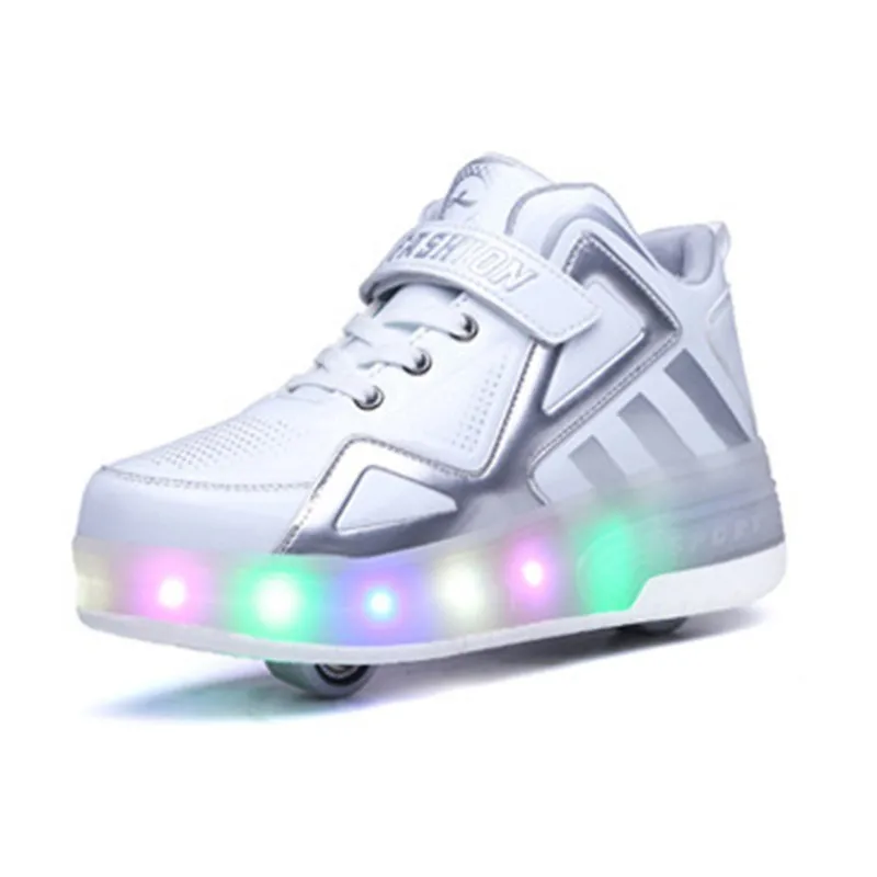 Новинка; детские роликовые коньки для мальчиков; обувь со светодиодной подсветкой; Детские светящиеся кроссовки с колесами; детские туфли со светодиодной подсветкой для девочек; детские кроссовки - Цвет: 8085-shuang-white