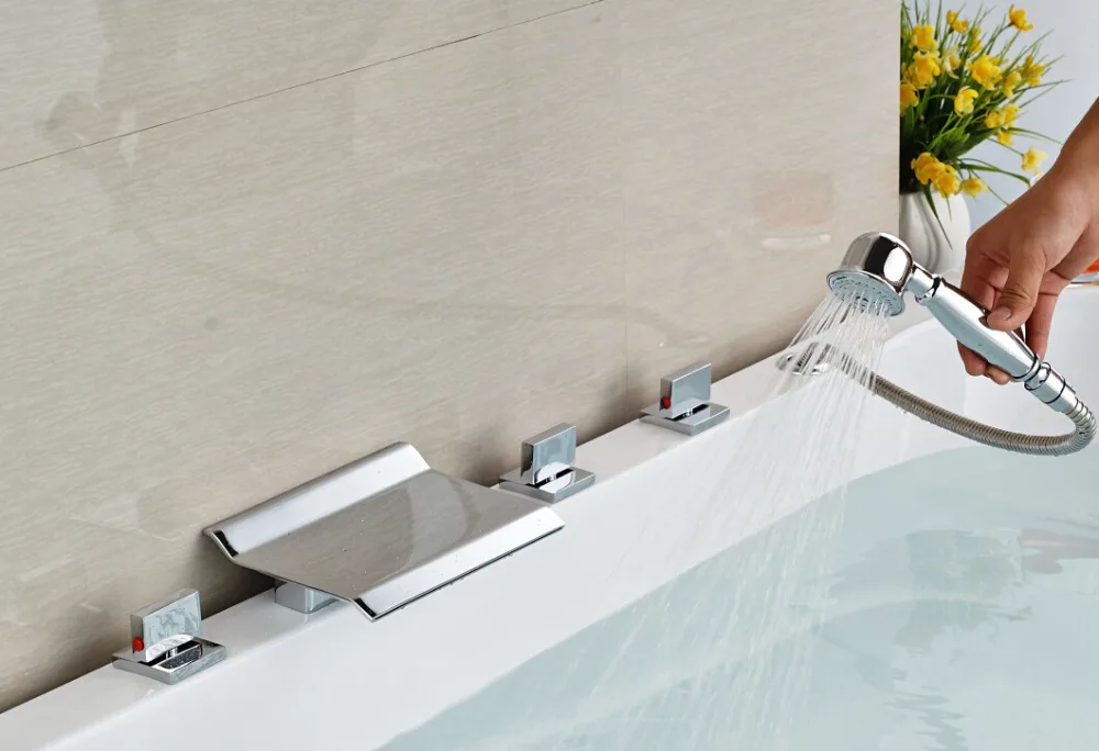 

Contemporary Chrome Finished Deck Mounted Bathroom Waterfall Shower Faucet Mixer Tap With Hand shower