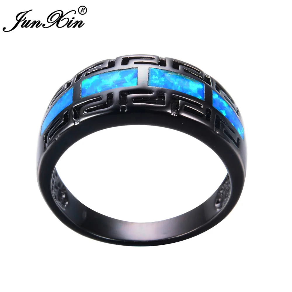 JUNXIN Male Female Blue Fire Opal Ring Black Gold Filled