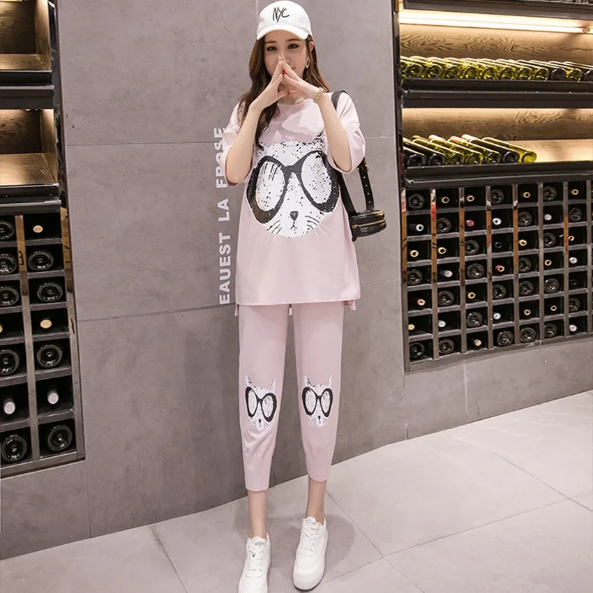 

Summer Korean fashion pregnant women suit new playful pattern printed shirt + seven points stomach lift harem pants