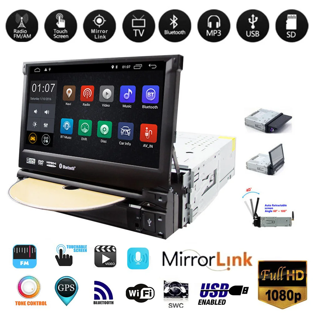 Universal 1din Android 9.1 Car Radio Stereo DVD Player Retractable Touch Screen Car Multimedia
