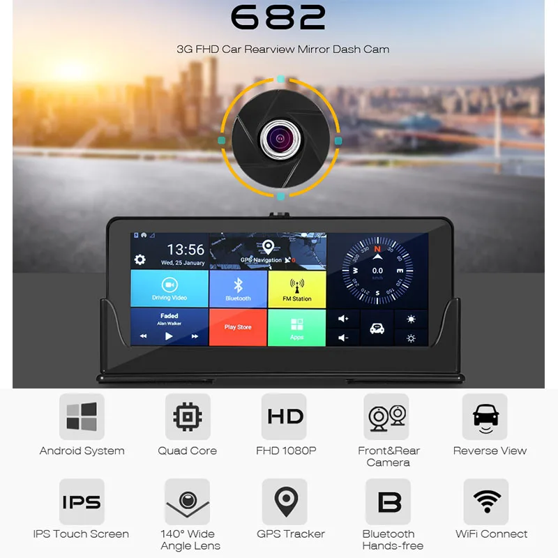 682 3G Rearview Mirror Dash Cam Android WiFi GPS Navigation DVR 1080P HD Bluetooth Hands free