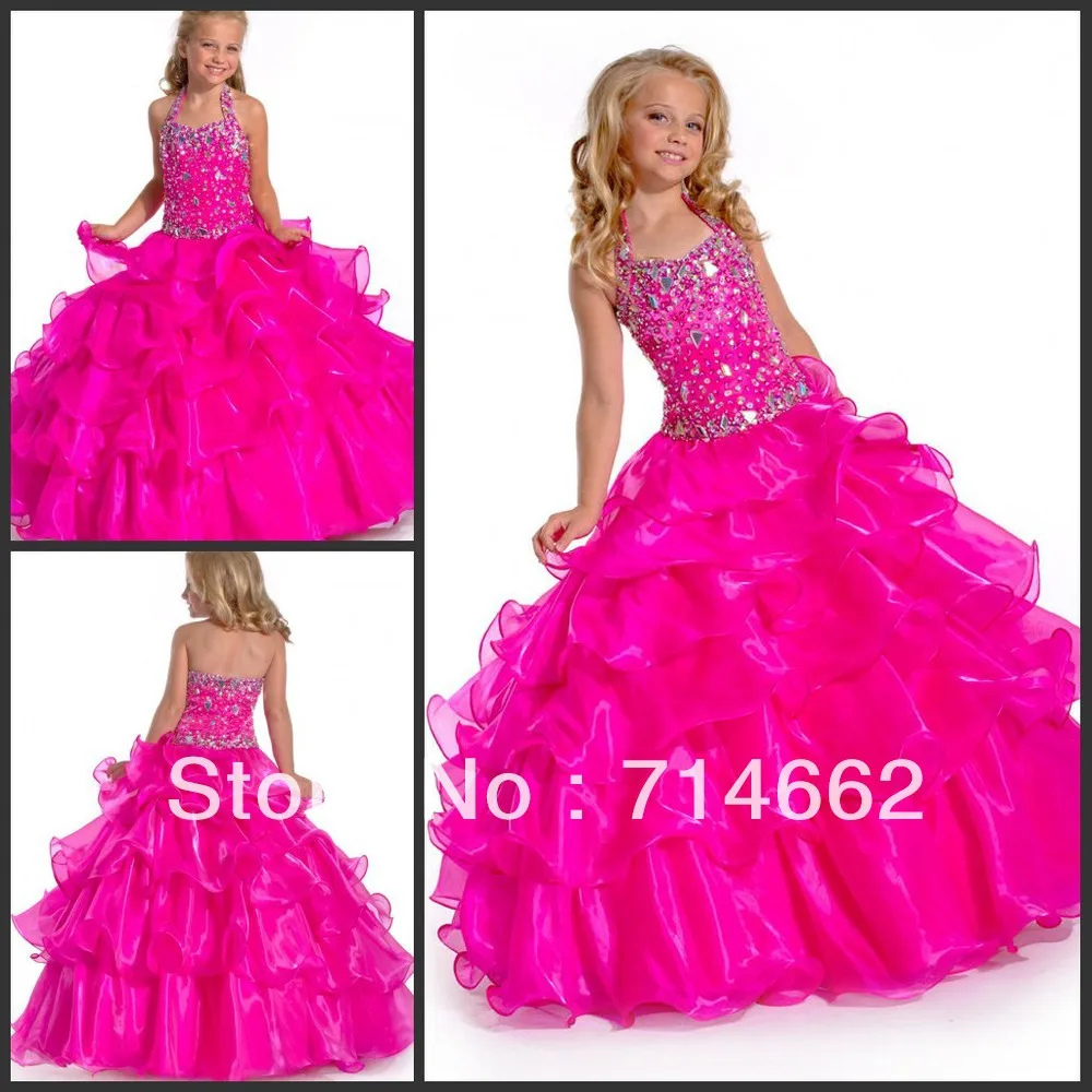 Fancy Rhineston Beading Organza Little Girls Puffy Dresses Long Ball