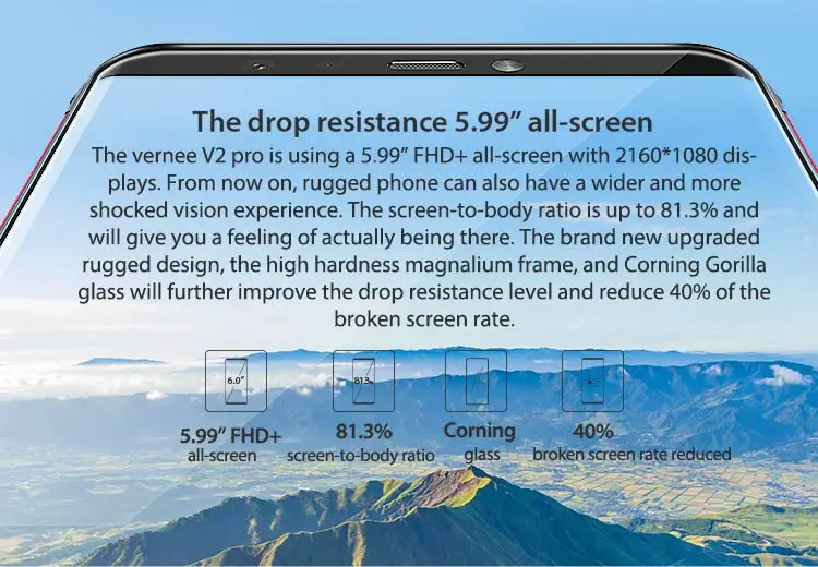 VERNEE V2 PRO 6GB RAM 64GB Helio P23 MTK6763 2.0GHz Octa Core 5.99 Inch IPS Corning Gorilla Glass FHD+ Full Screen Quad Camera IP68 Waterproof Android 8.1 4G LTE Smartphone
