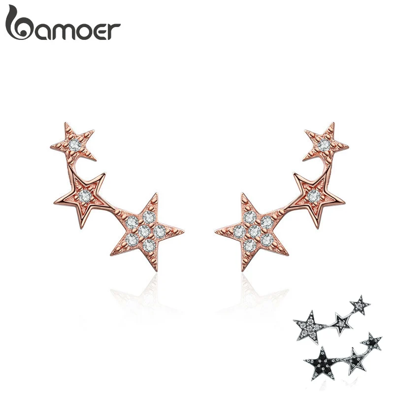 BAMOER 100% 925 Sterling Silver 3 Color Dazzling Stackable Star Stud Earrings for Women Authentic Silver Jewelry Bijoux SCE291