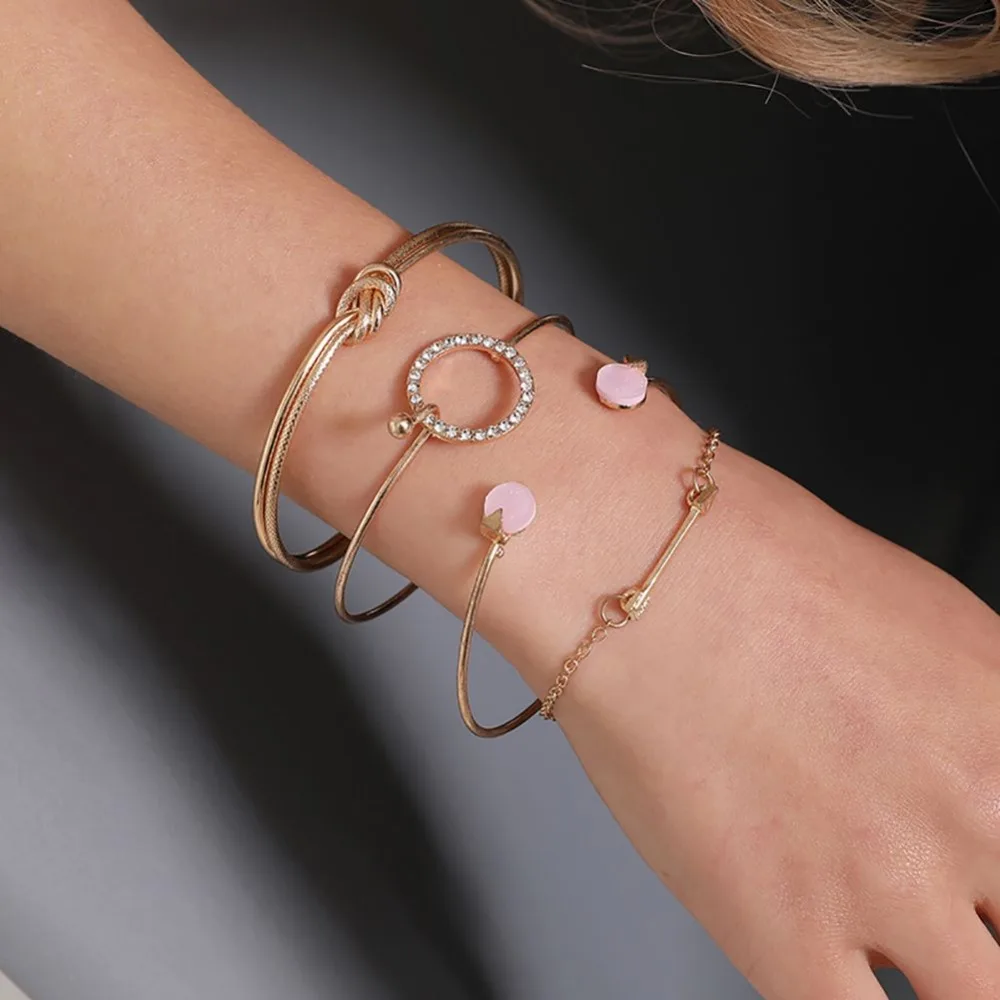 

4Pcs/Set Women's Fashion Rhinestone Knot Circle Arrow Open Bracelet