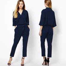 Fashion spring and summer style three quarter sleeve V-neck lacing chiffon jumpsuit summer girl free shipping