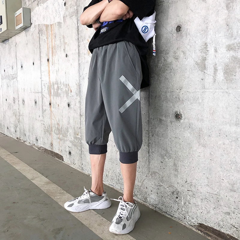 

Casual Calf-Length Pants Patchwork Men's Pants Large Size Elastic Waist Black Gray Green Calf-Length Pants