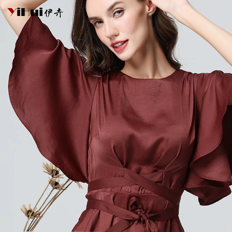 

High Street Summer Women Bat Wing Sleeved Satin Blouse Peplum Top With Sashes Tie Up Solid Color Elegant Suitable Size Blouses