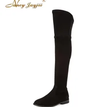 Для женщин сапоги без каблука зимние/весенние черные и коричневые Fringle плоской подошве на среднем каблуке высокие сапоги до колена для Женская обувь, Большие размеры 4-16 nancyjayjii