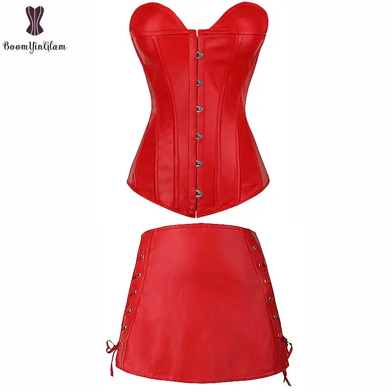 Cena Czerwona sztuczna skóra gorset do sukienki garnitur Overbust gorset garnitur Plus rozmiar Sexy gorset czarny Party sukienka do klubu ryby bez kości gotycki Korset