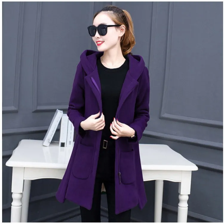 

Fashion Autumn Ladies Casual Pocket Wool Outwear Cotton Hoodies Blends Overcoat Solid Loose Student Thicken Coat