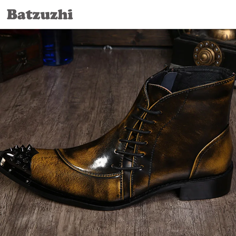 Мужские ковбойские ботинки Batzuzhi коричневые кожаные с острым металлическим