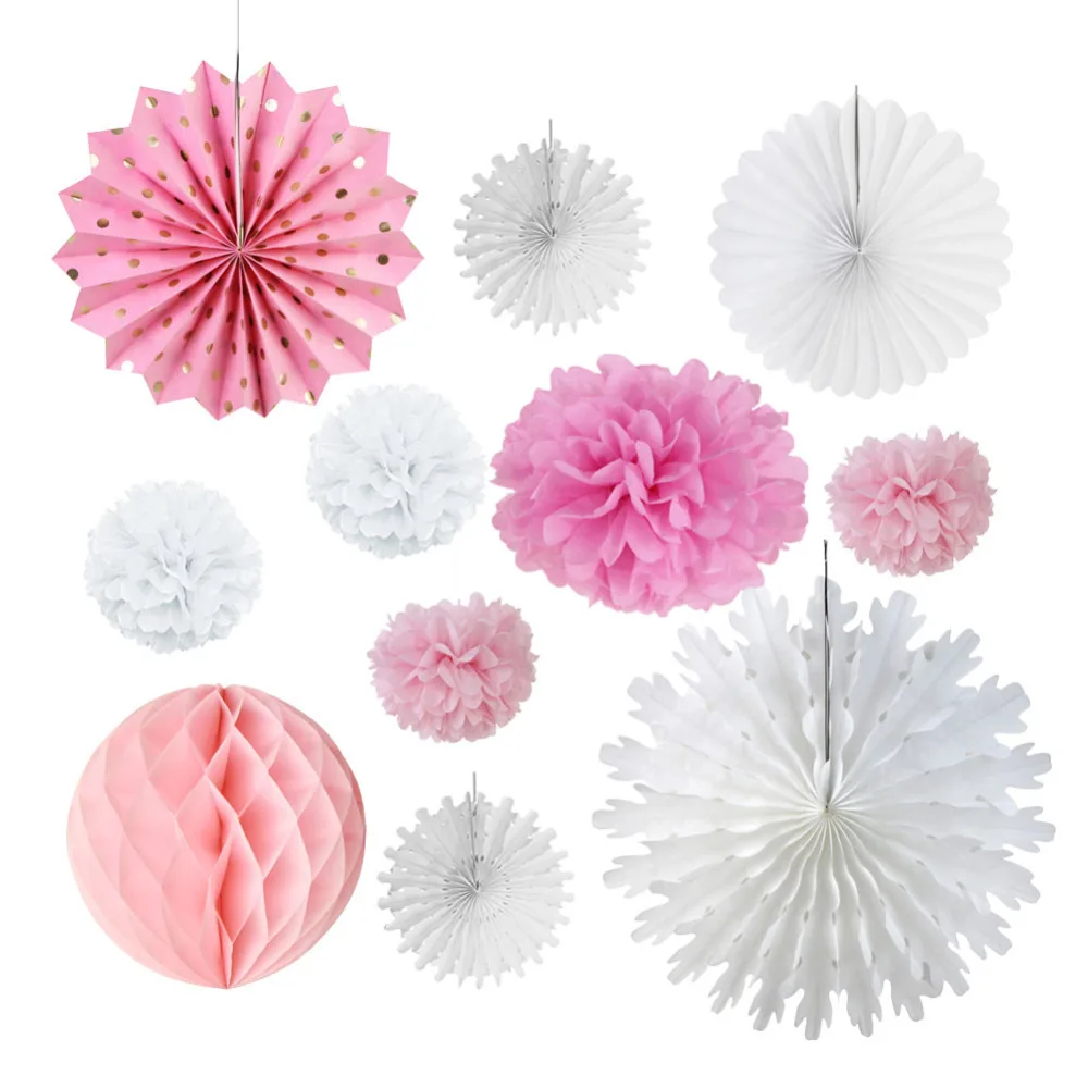 

11pcs (Pink,White) Paper Decoration Set Tissue Paper Fans Pom Poms Honeycombs Wedding Birthday Party Nursery Baby Shower Decor